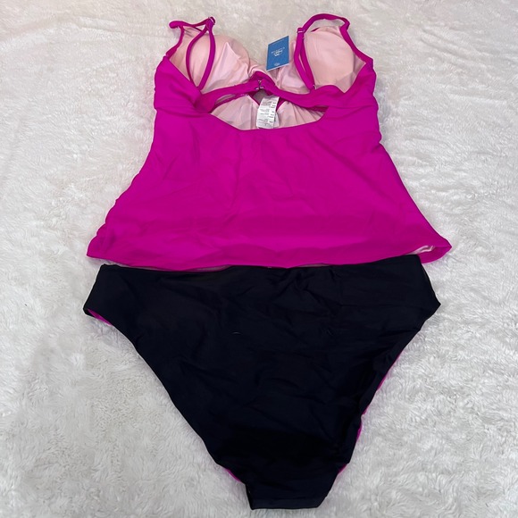 Cupshe Womens Hot Pink Twist Front Tankini Set Black Bottoms Size Large NWT - Picture 5 of 11